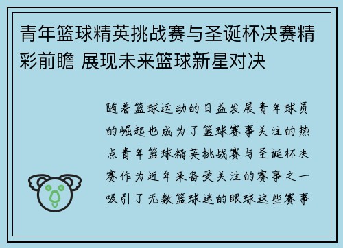 青年篮球精英挑战赛与圣诞杯决赛精彩前瞻 展现未来篮球新星对决