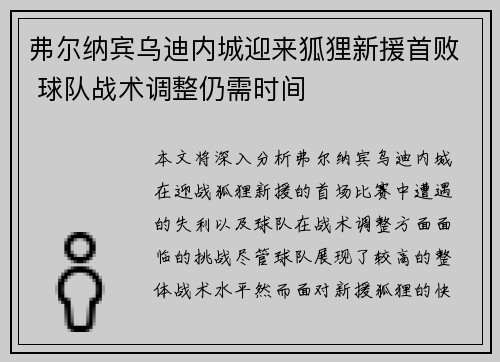弗尔纳宾乌迪内城迎来狐狸新援首败 球队战术调整仍需时间